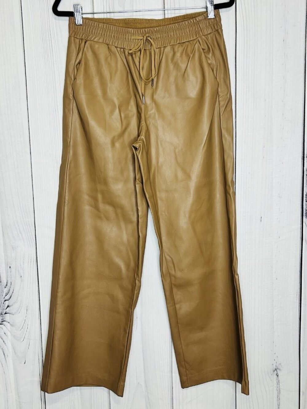 Olivaceous Faux Leather Wide-Leg Pants Brown Elastic Waist Sz L (30 x 27.5)